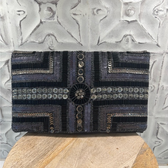 BCBGeneration Handbags - BCBGeneration Textured Beaded Black Clutch Y2K 2000s